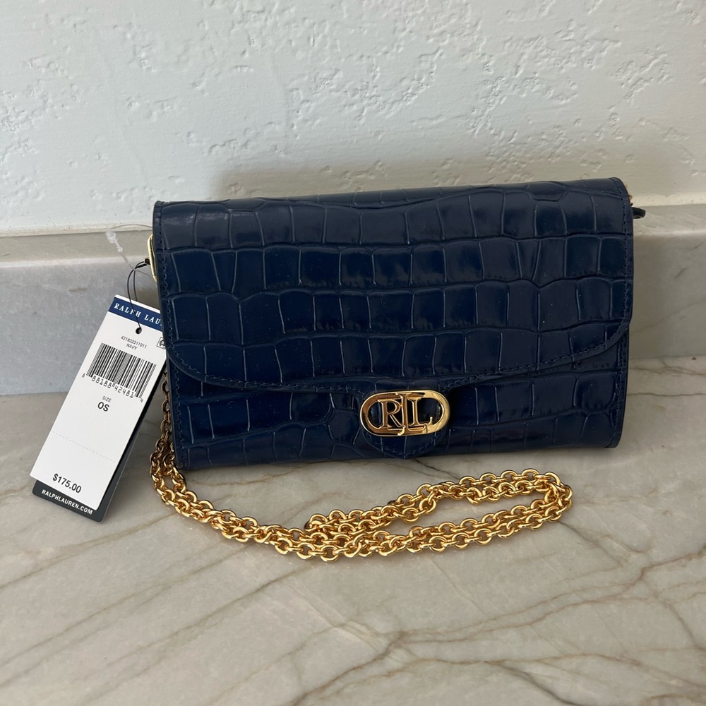 Ralph Lauren Navy Croc-Embossed Leather Chain Clutch - Picture 2 of 3
